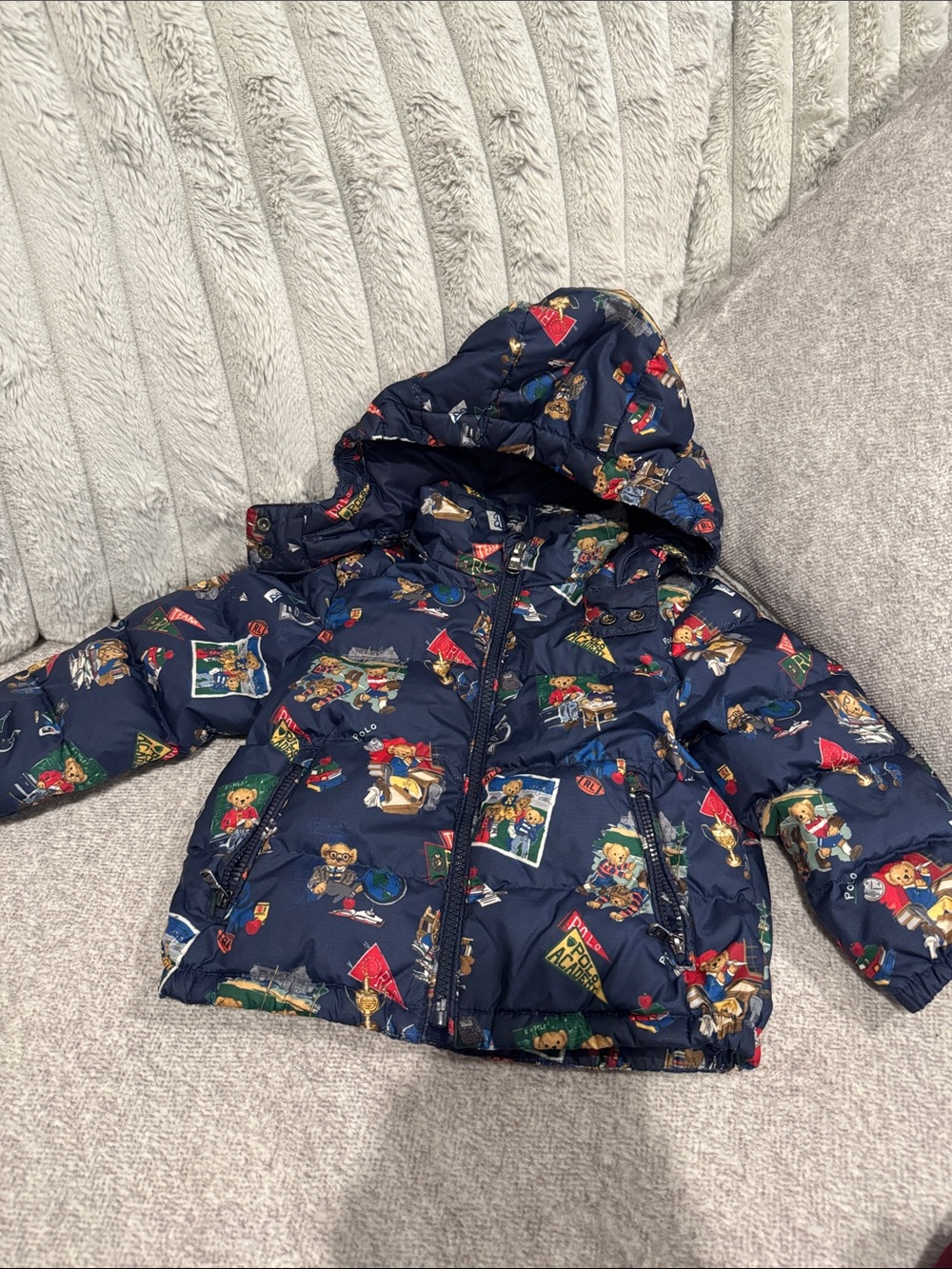 Ralph Lauren navy bear duck down hooded puffer
